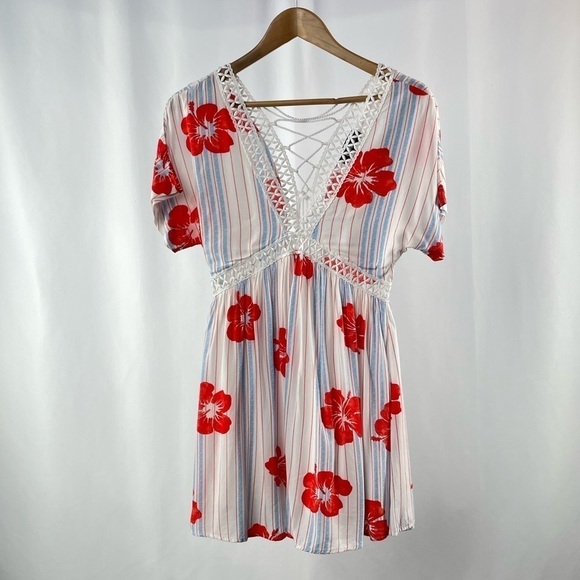 Lulus Tropical Floral Stripe V Neck Lace Up Back Mini Dress White Blue‎ Red XS - Picture 1 of 6